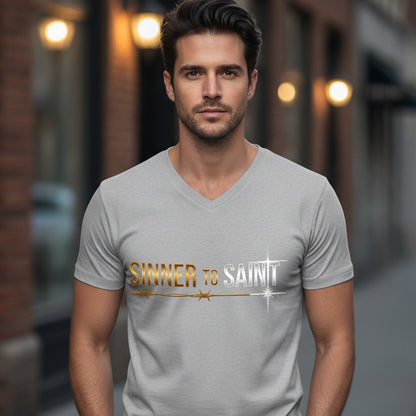 Sinner to Saint Christian V-Neck T-Shirt - Unisex Faith Apparel, Scripture Graphic, Soft Cotton