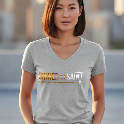 Sinner to Saint Christian V-Neck T-Shirt - Unisex Faith Apparel, Scripture Graphic, Soft Cotton