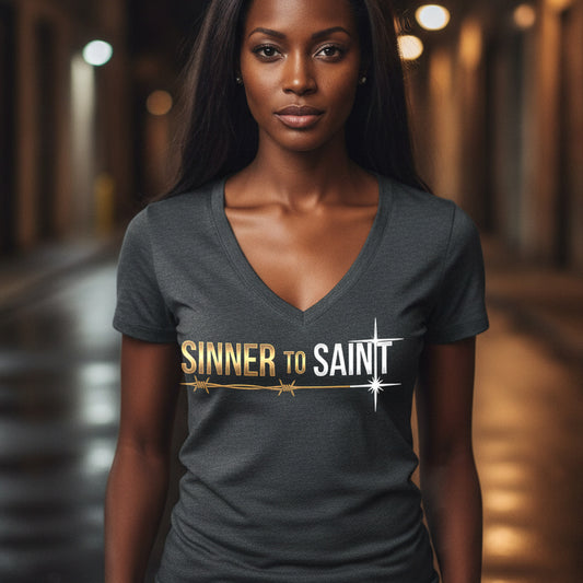 Sinner to Saint Christian V-Neck T-Shirt - Unisex Faith Apparel, Scripture Graphic, Soft Cotton