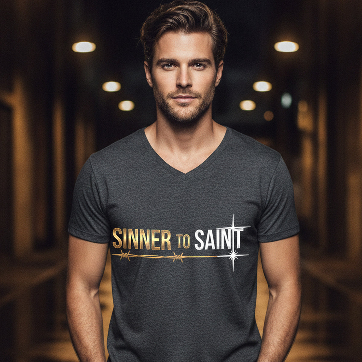 Sinner to Saint Christian V-Neck T-Shirt - Unisex Faith Apparel, Scripture Graphic, Soft Cotton