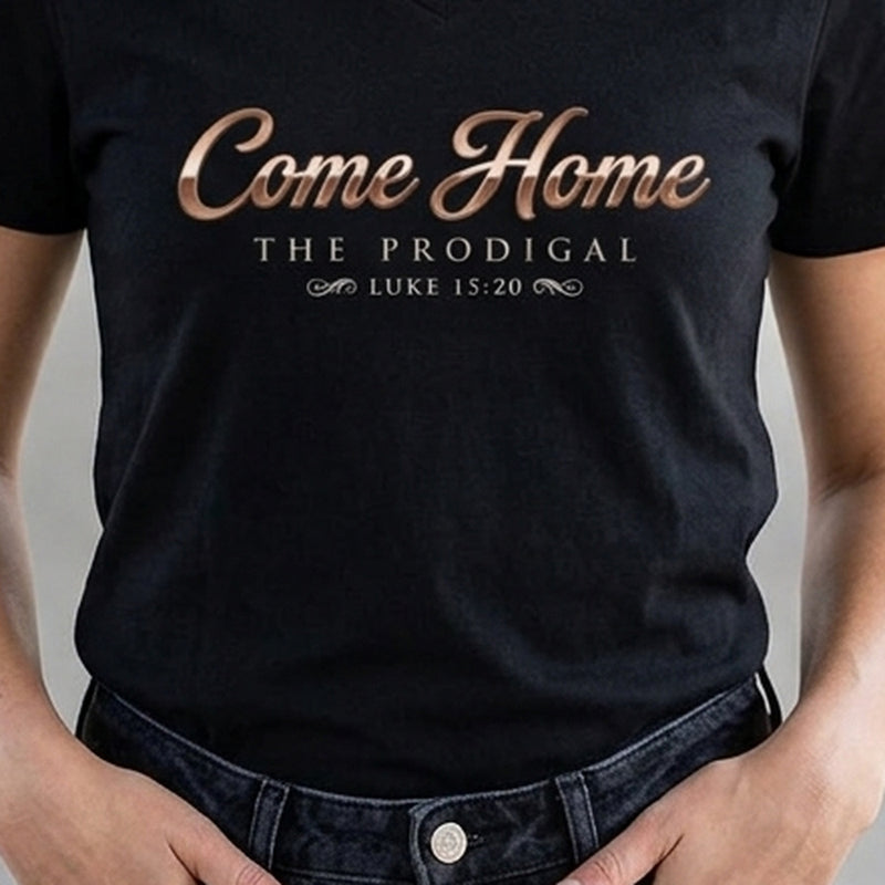 The Prodigal Luke 15:20 Christian V-Neck T-Shirt - Unisex Faith Apparel, Scripture Graphic, Soft Cotton