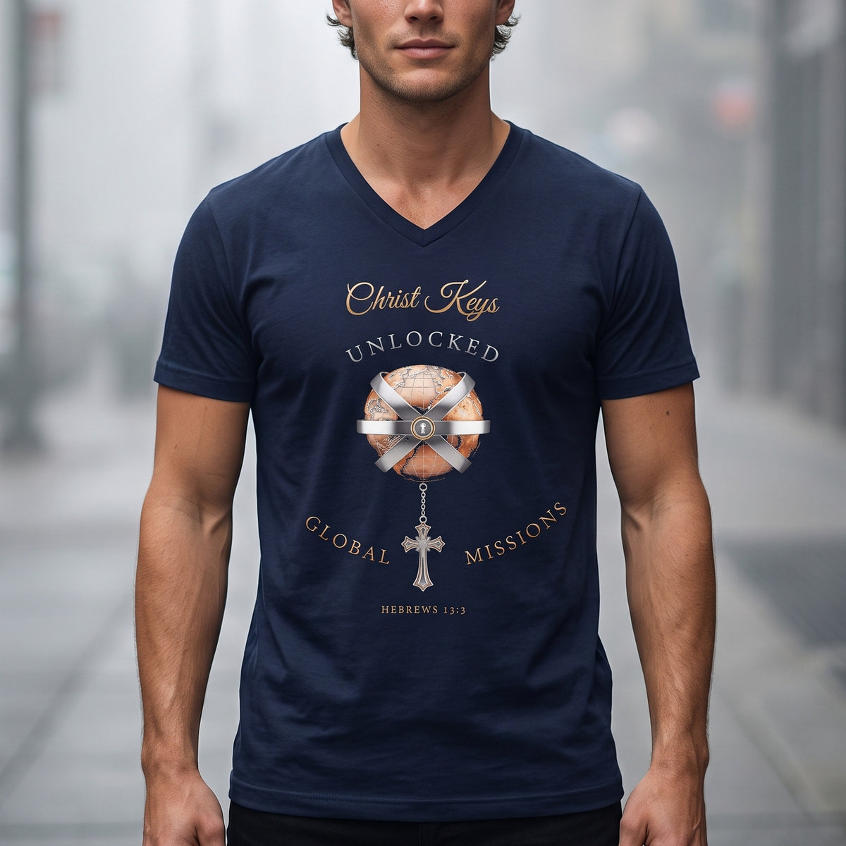 Unlocked Global Missions Hebrews 13:3 Christian V-Neck T-Shirt - Unisex Faith Apparel, Scripture Graphic