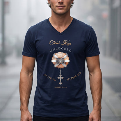 Unlocked Global Missions Hebrews 13:3 Christian V-Neck T-Shirt - Unisex Faith Apparel, Scripture Graphic