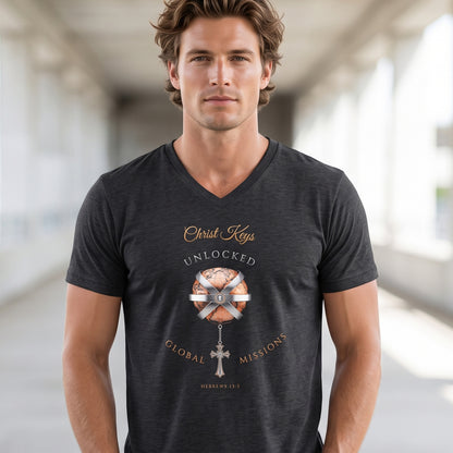 Unlocked Global Missions Hebrews 13:3 Christian V-Neck T-Shirt - Unisex Faith Apparel, Scripture Graphic