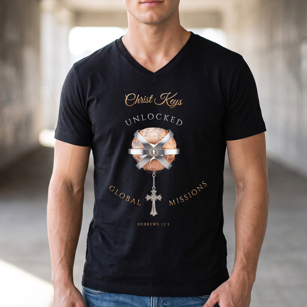 Unlocked Global Missions Hebrews 13:3 Christian V-Neck T-Shirt - Unisex Faith Apparel, Scripture Graphic