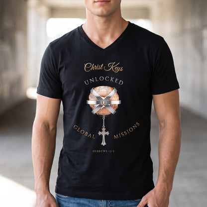 Unlocked Global Missions Hebrews 13:3 Christian V-Neck T-Shirt - Unisex Faith Apparel, Scripture Graphic
