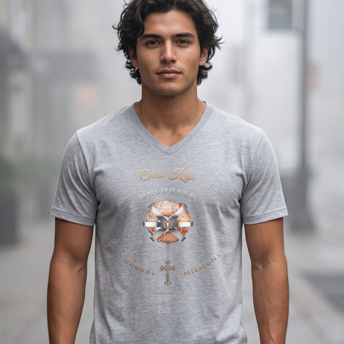 Unlocked Global Missions Hebrews 13:3 Christian V-Neck T-Shirt - Unisex Faith Apparel, Scripture Graphic