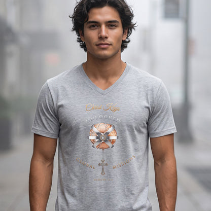 Unlocked Global Missions Hebrews 13:3 Christian V-Neck T-Shirt - Unisex Faith Apparel, Scripture Graphic