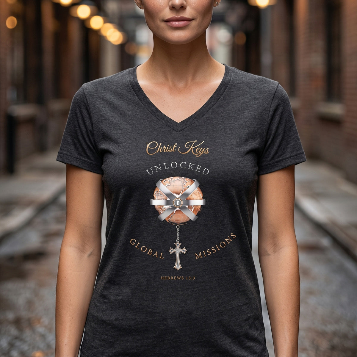 Unlocked Global Missions Hebrews 13:3 Christian V-Neck T-Shirt - Unisex Faith Apparel, Scripture Graphic