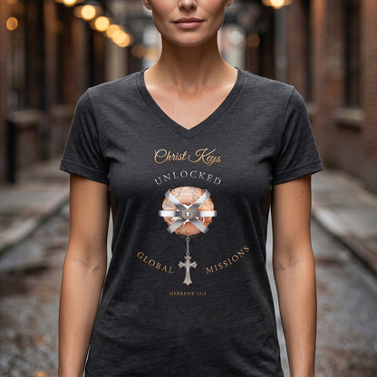 Unlocked Global Missions Hebrews 13:3 Christian V-Neck T-Shirt - Unisex Faith Apparel, Scripture Graphic