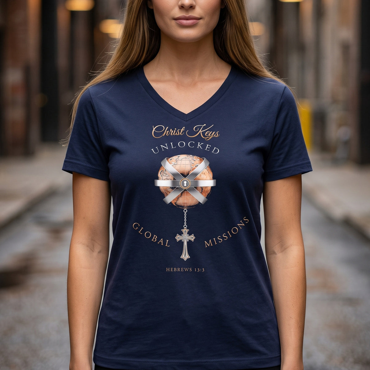 Unlocked Global Missions Hebrews 13:3 Christian V-Neck T-Shirt - Unisex Faith Apparel, Scripture Graphic
