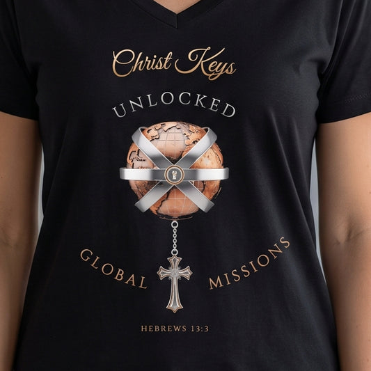 Unlocked Global Missions Hebrews 13:3 Christian V-Neck T-Shirt - Unisex Faith Apparel, Scripture Graphic