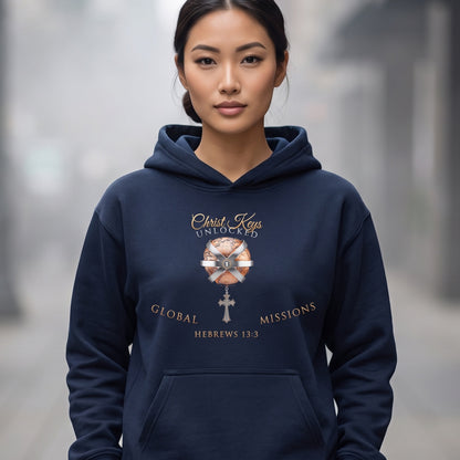 Unlocked Global Missions Hebrews 13:3 Christian Pullover Hoodie - Unisex Faith Apparel, Scripture Graphic