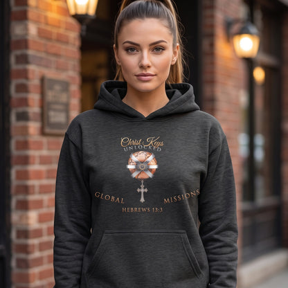 Unlocked Global Missions Hebrews 13:3 Christian Pullover Hoodie - Unisex Faith Apparel, Scripture Graphic
