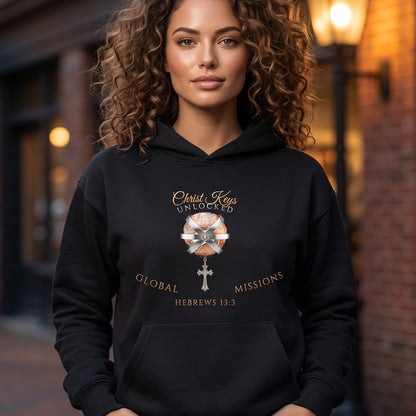 Unlocked Global Missions Hebrews 13:3 Christian Pullover Hoodie - Unisex Faith Apparel, Scripture Graphic