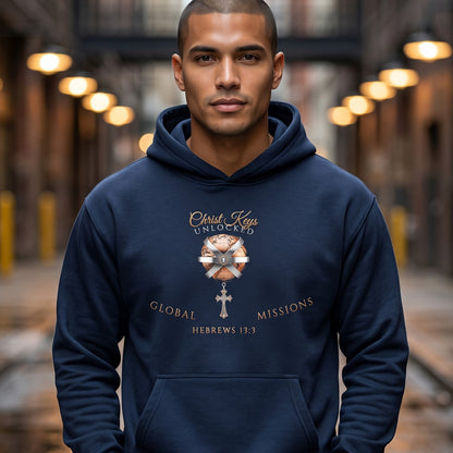 Unlocked Global Missions Hebrews 13:3 Christian Pullover Hoodie - Unisex Faith Apparel, Scripture Graphic