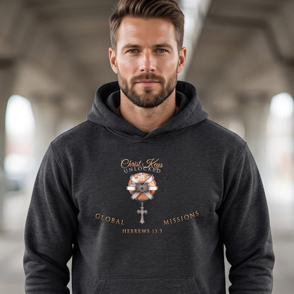 Unlocked Global Missions Hebrews 13:3 Christian Pullover Hoodie - Unisex Faith Apparel, Scripture Graphic