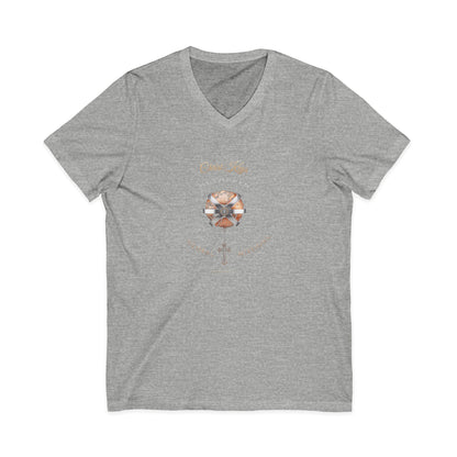 Unlocked Global Missions Hebrews 13:3 Christian V-Neck T-Shirt - Unisex Faith Apparel, Scripture Graphic
