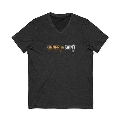 Sinner to Saint Christian V-Neck T-Shirt - Unisex Faith Apparel, Scripture Graphic, Soft Cotton