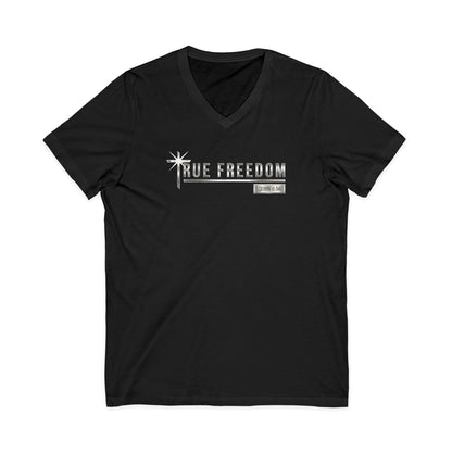 True Freedom John 8:36 Christian V-Neck T-Shirt - Unisex Faith Apparel, Scripture Graphic, Soft Cotton