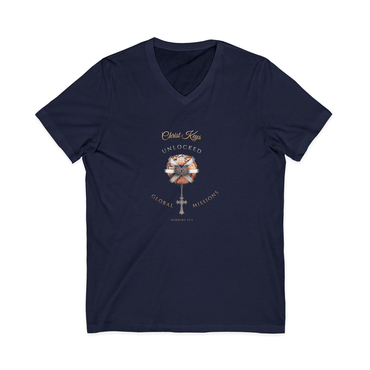 Unlocked Global Missions Hebrews 13:3 Christian V-Neck T-Shirt - Unisex Faith Apparel, Scripture Graphic