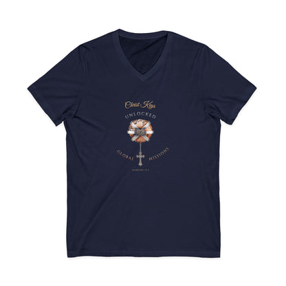 Unlocked Global Missions Hebrews 13:3 Christian V-Neck T-Shirt - Unisex Faith Apparel, Scripture Graphic
