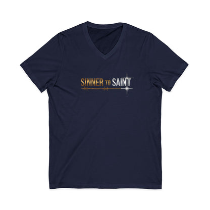 Sinner to Saint Christian V-Neck T-Shirt - Unisex Faith Apparel, Scripture Graphic, Soft Cotton