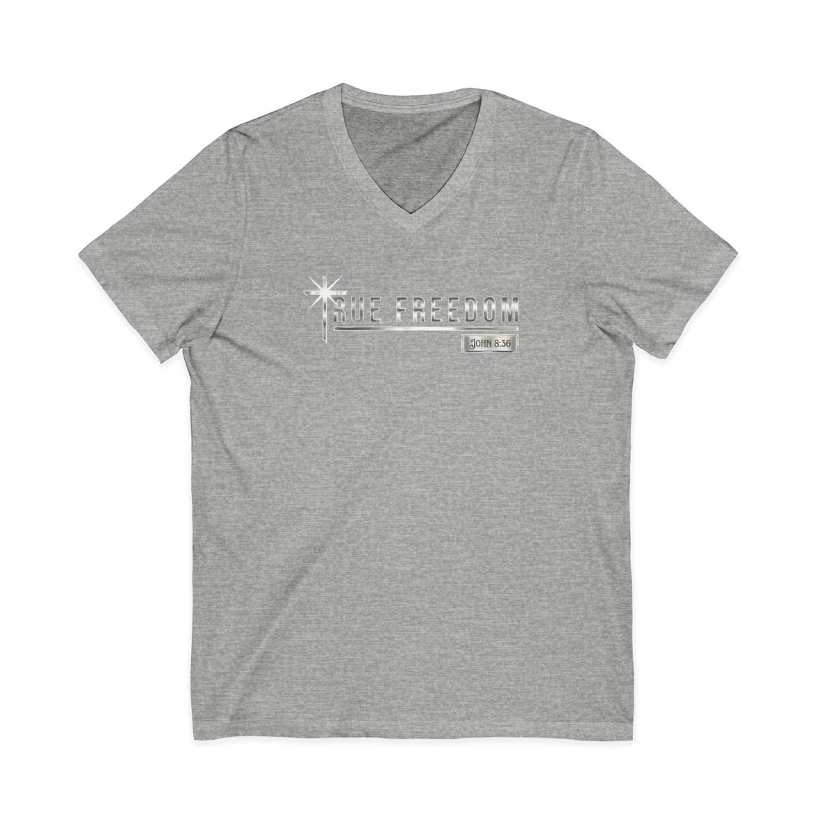 True Freedom John 8:36 Christian V-Neck T-Shirt - Unisex Faith Apparel, Scripture Graphic, Soft Cotton