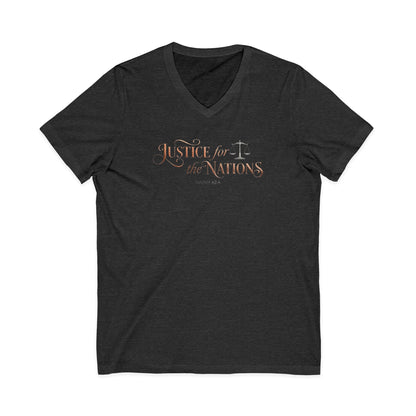 Justice For The Nations Isaiah 42:4 Christian V-Neck T-Shirt - Unisex Faith Apparel, Scripture Graphic, Soft Cotton
