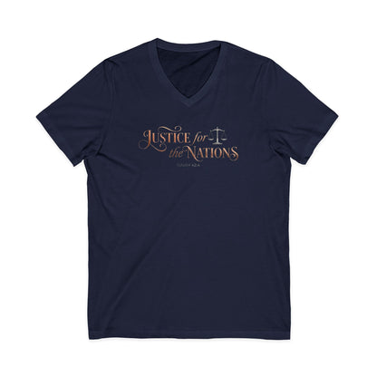 Justice For The Nations Isaiah 42:4 Christian V-Neck T-Shirt - Unisex Faith Apparel, Scripture Graphic, Soft Cotton