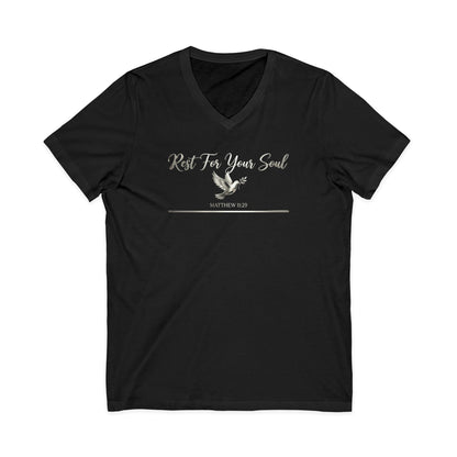 Rest For Your Soul Matthew 11:29 Christian V-Neck T-Shirt - Unisex Faith Apparel, Scripture Graphic, Soft Cotton