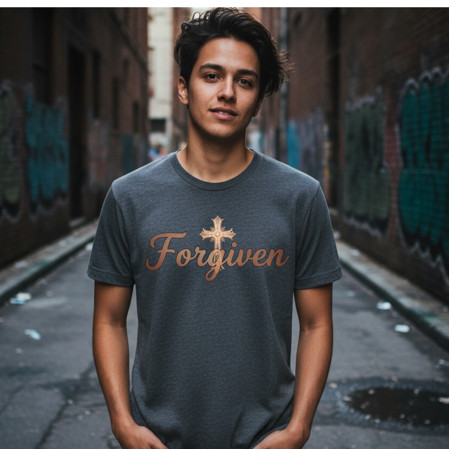 Forgiven Gold Cross T-Shirt | Psalm 103:8 – “The Lord is compassionate and gracious, slow to anger, abounding in love.”