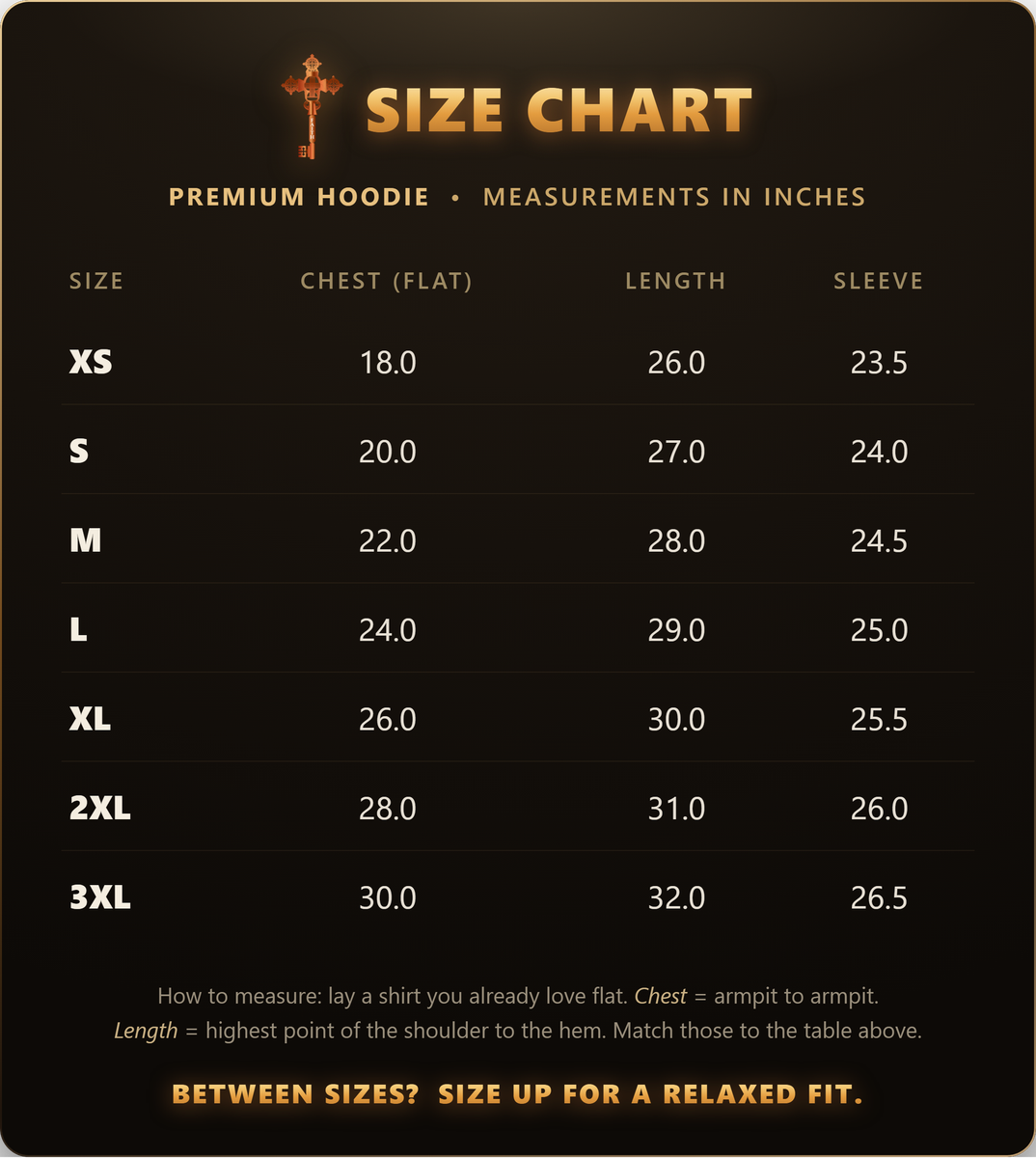 ChristKeys Premium Hoodie size chart in inches