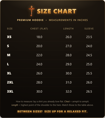 ChristKeys Premium Hoodie size chart in inches