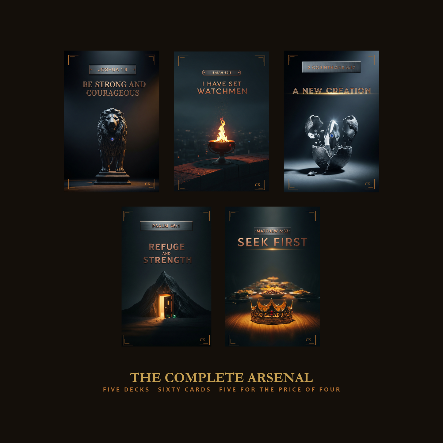 All five ChristKeys scripture memory decks laid out, The Complete Arsenal, sixty cards