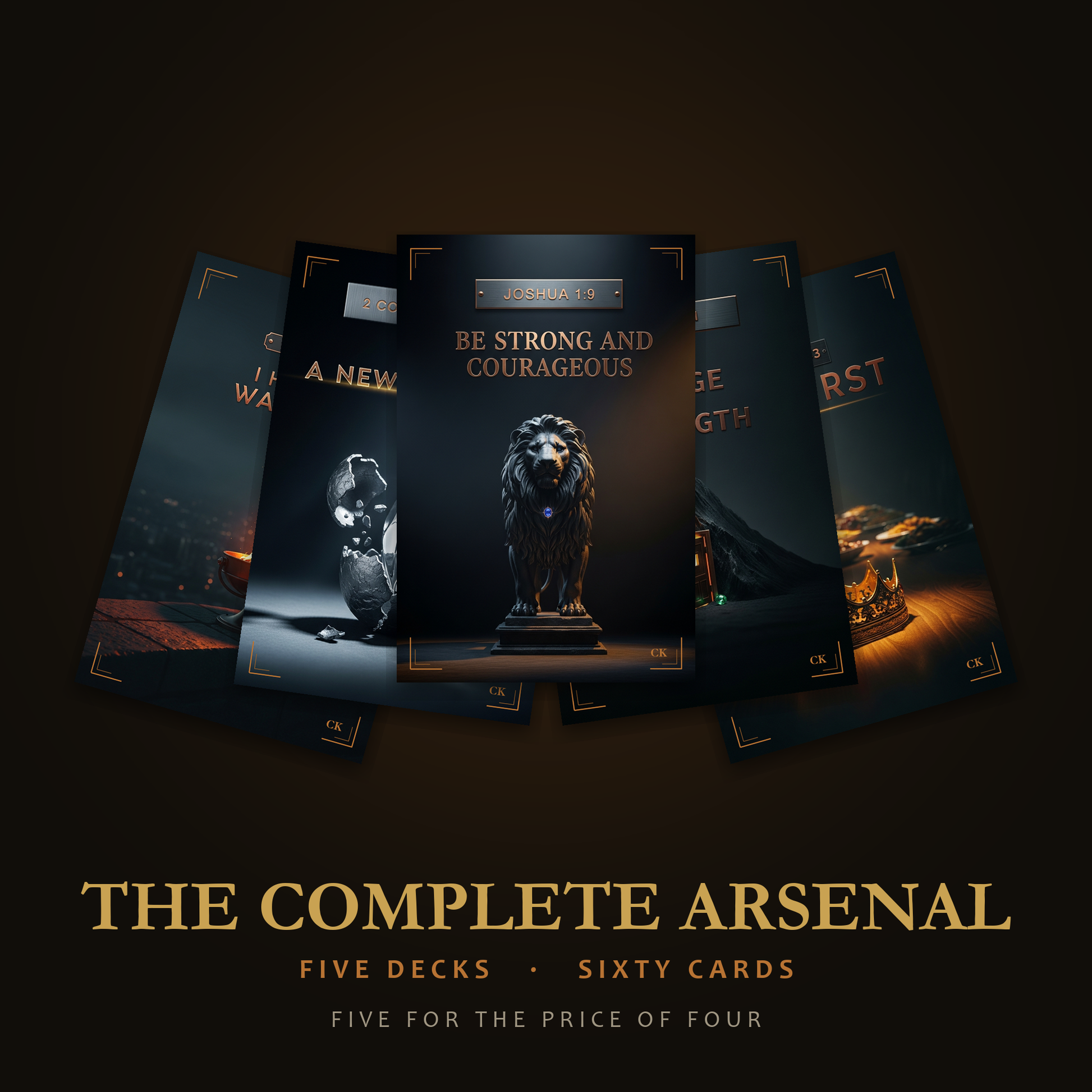 The Complete Arsenal, five scripture memory decks fanned, sixty cards