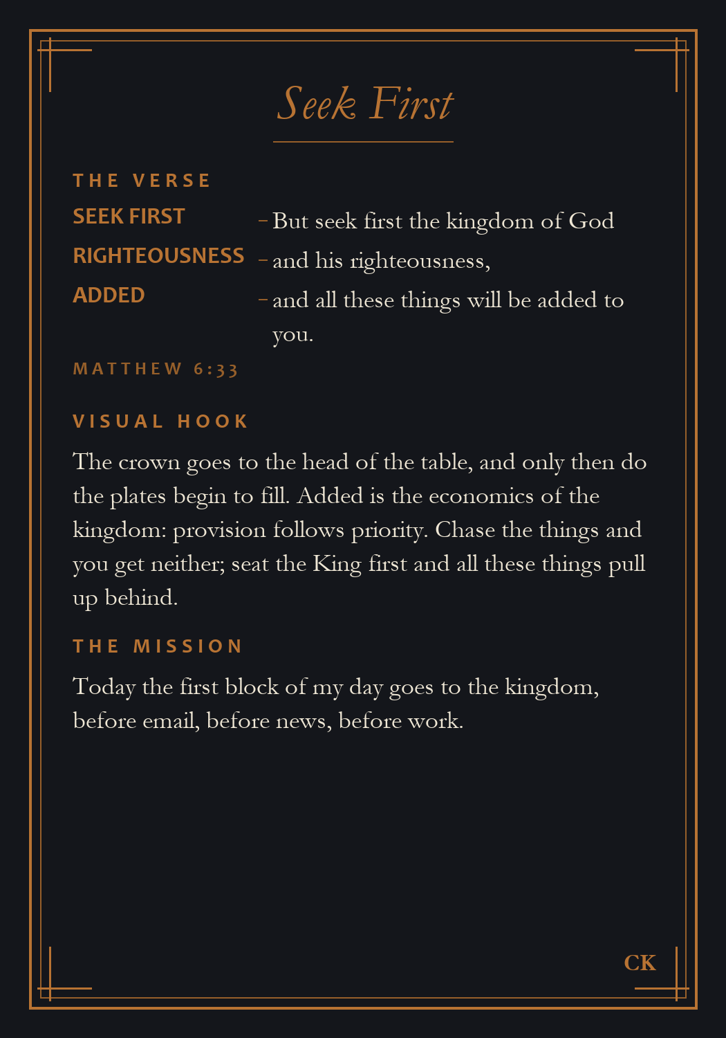 Blessings Deck card back, Matthew 6:33 broken into copper memory tags