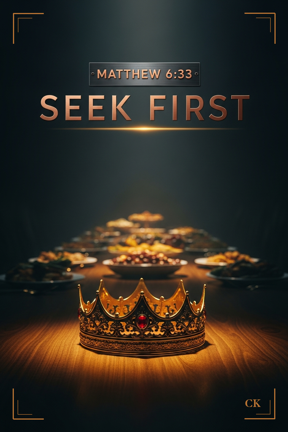 Blessings Deck card front, Matthew 6:33, a gold crown at the head of a filling table