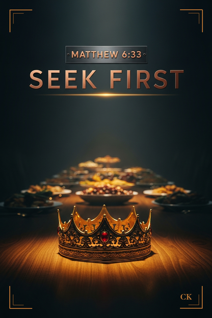 Blessings Deck card front, Matthew 6:33, a gold crown at the head of a filling table