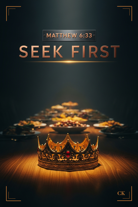 Blessings Deck card front, Matthew 6:33, a gold crown at the head of a filling table