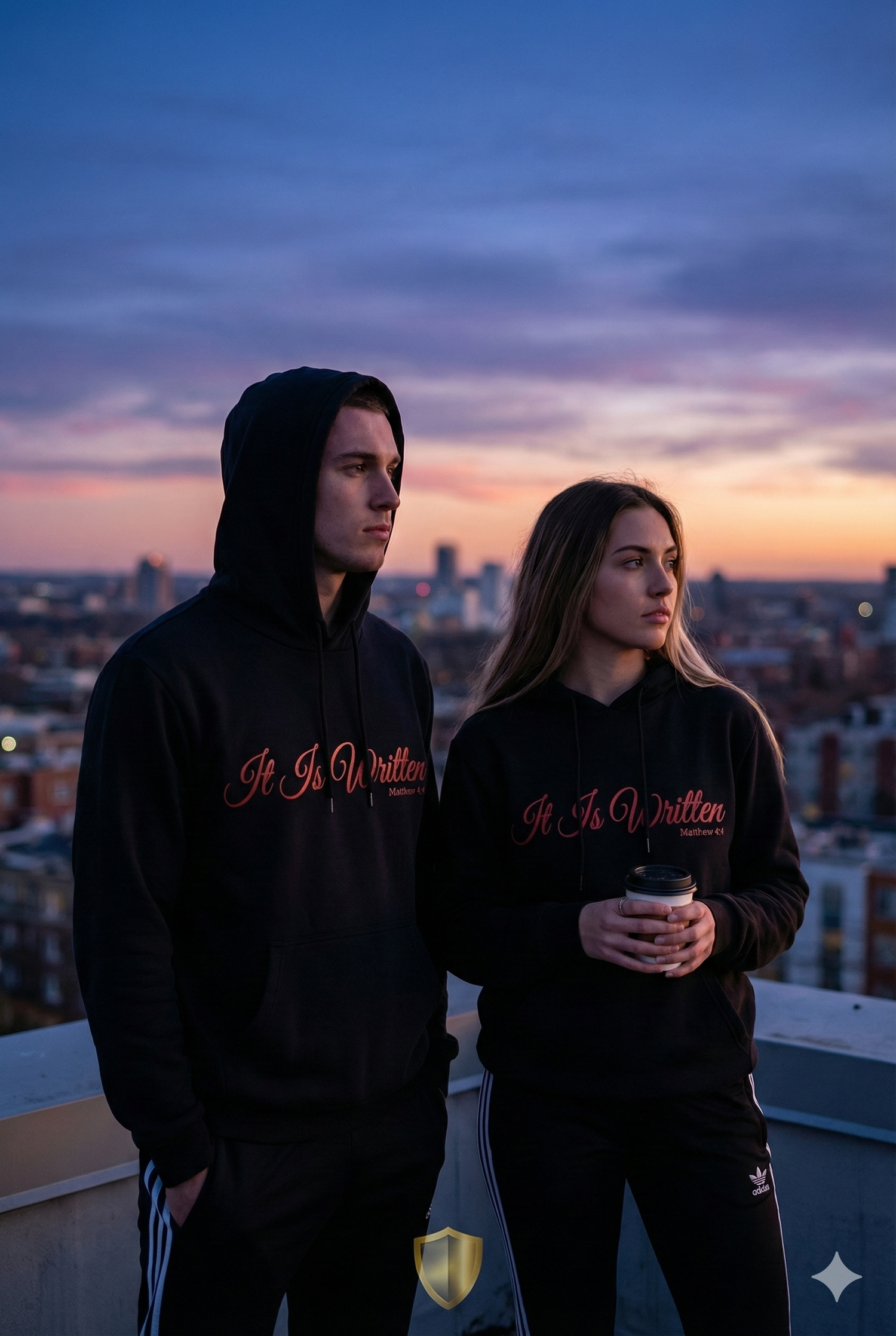A man and woman on a city rooftop at dusk, both wearing black It Is Written hoodies