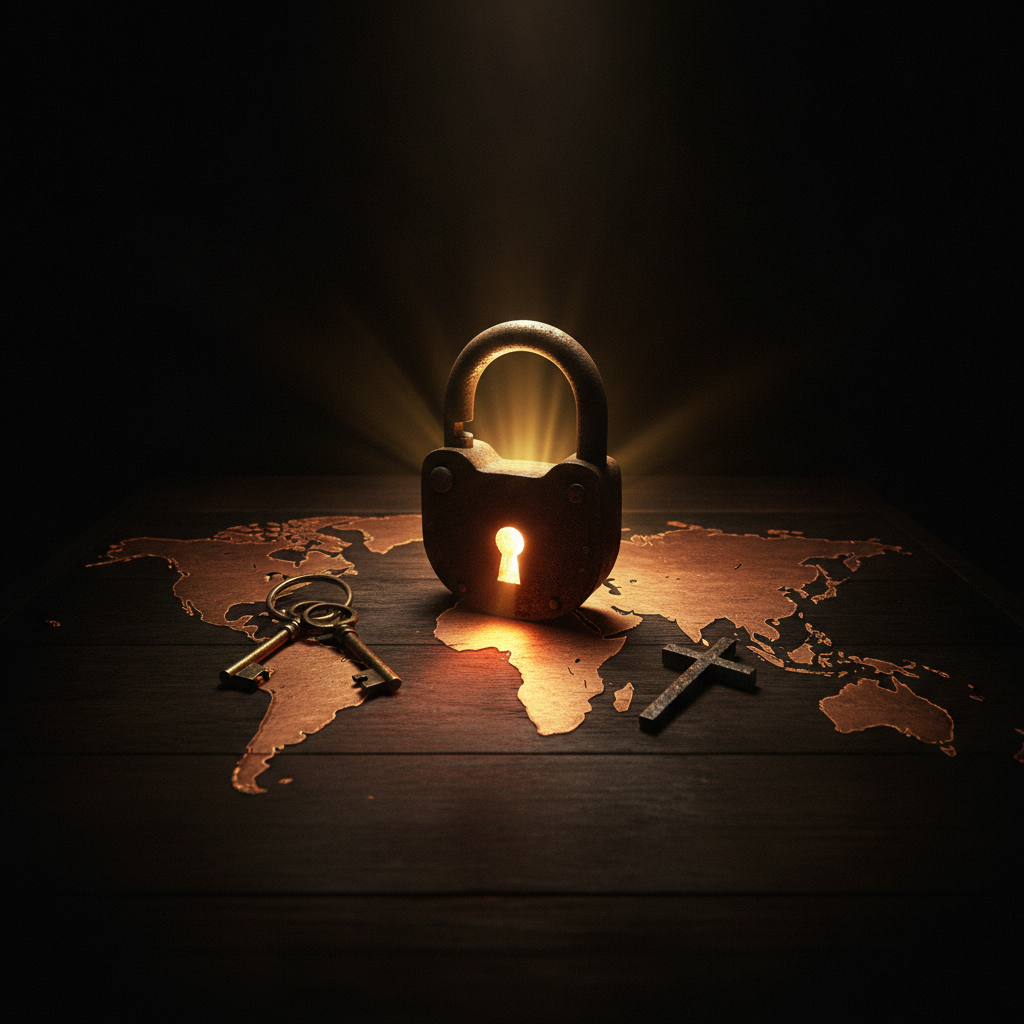 Iron padlock on a copper world map with golden light bursting from the keyhole - Unlocked Global Mission