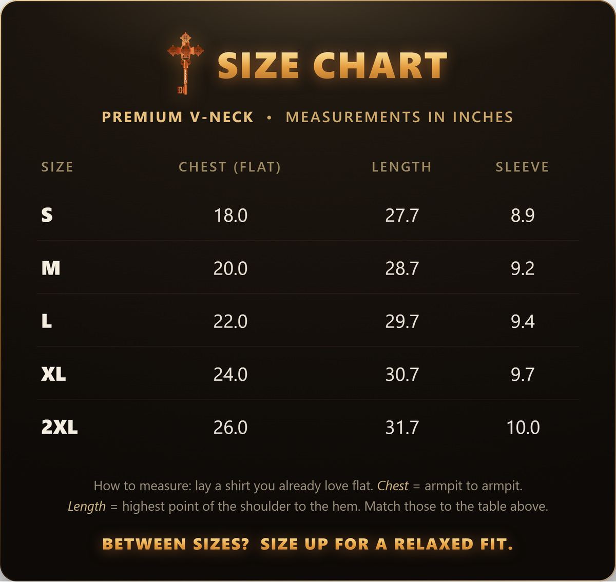 ChristKeys Premium V-Neck size chart in inches