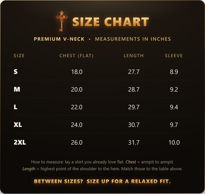 ChristKeys Premium V-Neck size chart in inches