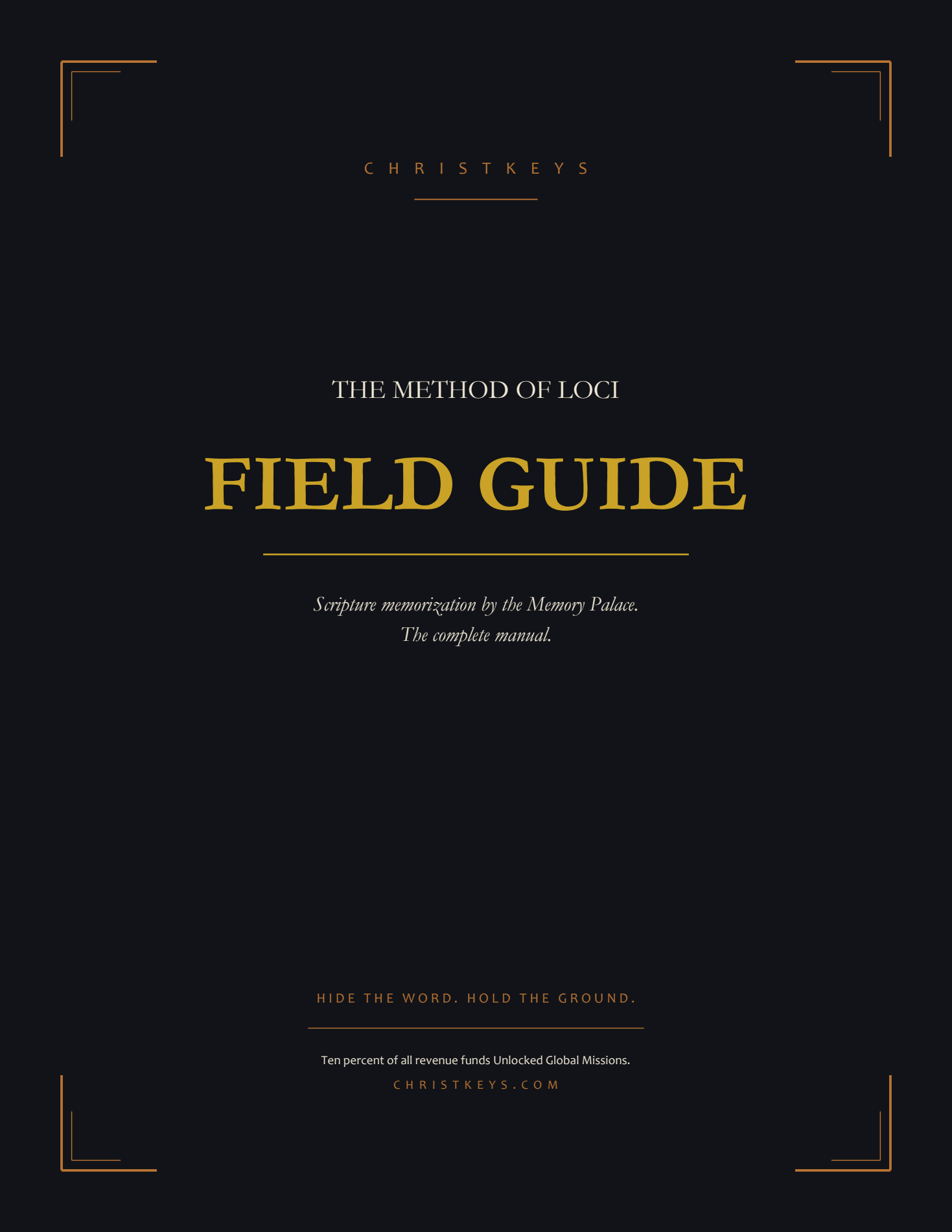 The Method of Loci Field Guide cover, black and gold with copper corner brackets