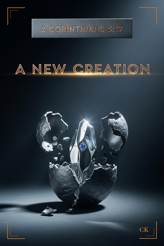 Identity Deck card front, 2 Corinthians 5:17, a new silver form breaking from a lead shell