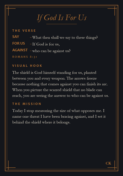 Ironclad Deck card back, Romans 8:31 broken into copper memory tags