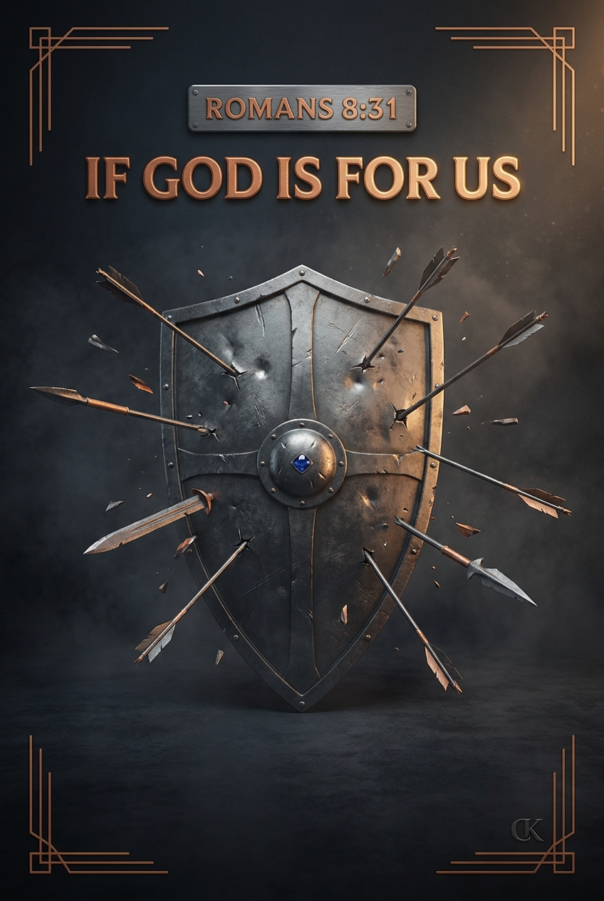 Ironclad Deck card front, Romans 8:31, gunmetal shield with frozen arrows