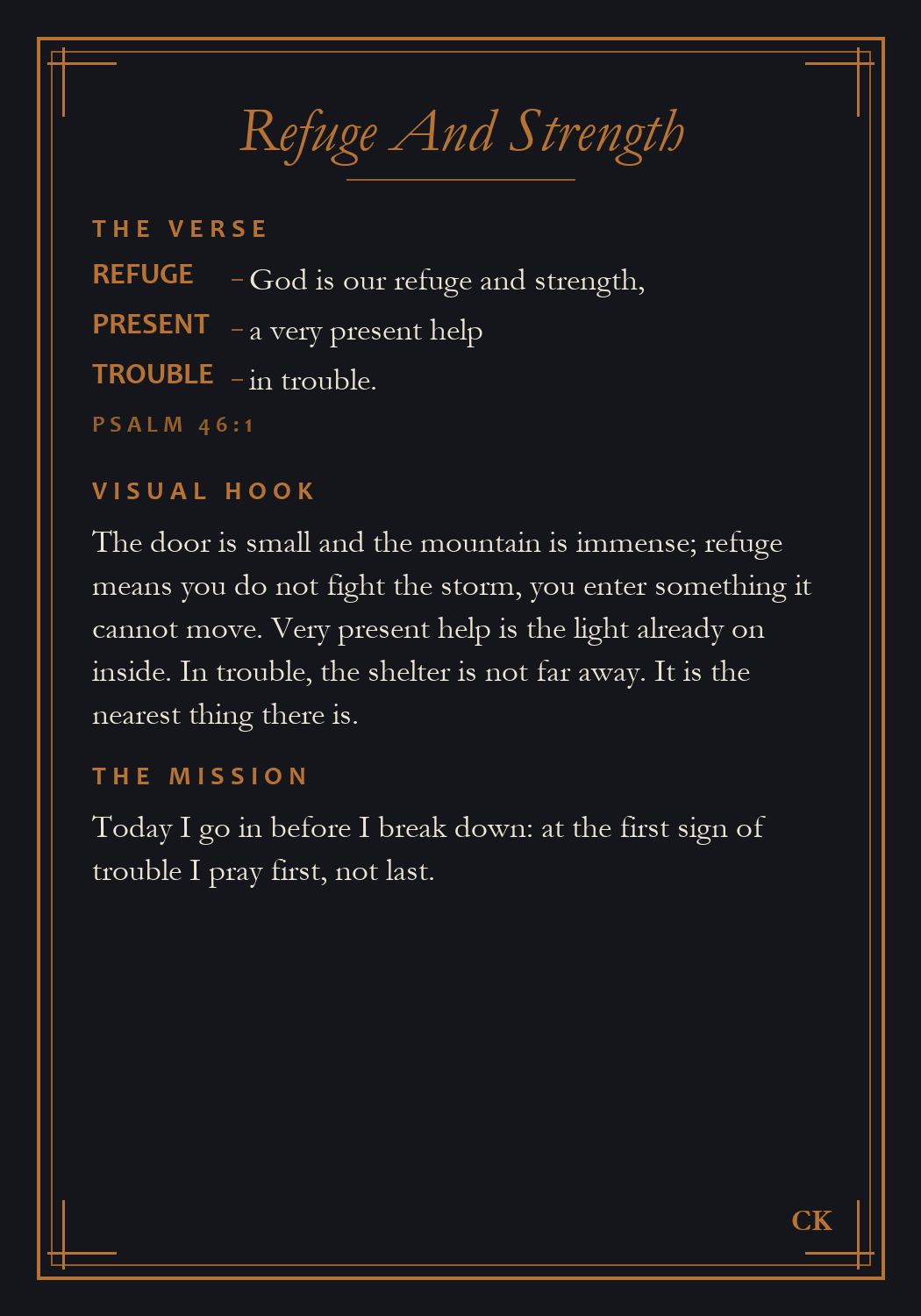Sanctuary Deck card back, Psalm 46:1 broken into copper memory tags