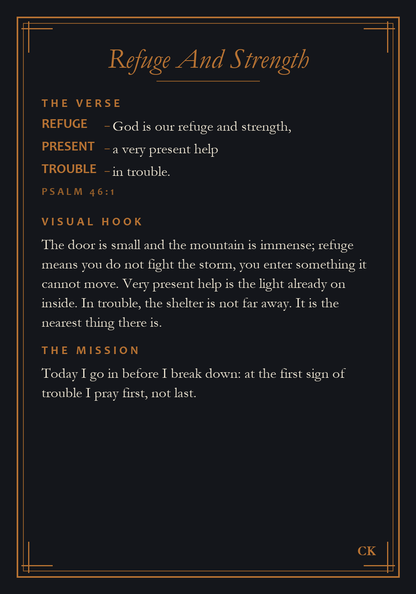 Sanctuary Deck card back, Psalm 46:1 broken into copper memory tags